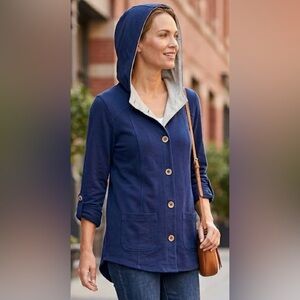 Susan Graver Weekend Navy Blue Button Front Hoodie Jacket XXS